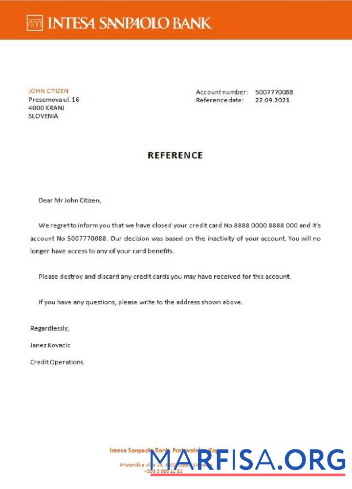 Printable Slovenia Intesa Sanpaolo bank closure reference example